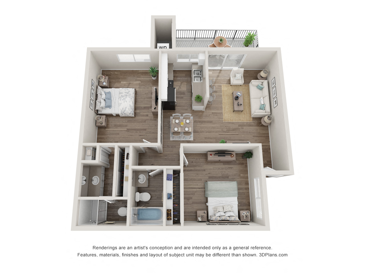 Floor plan for 2 beds, 2 baths, 962 sqft